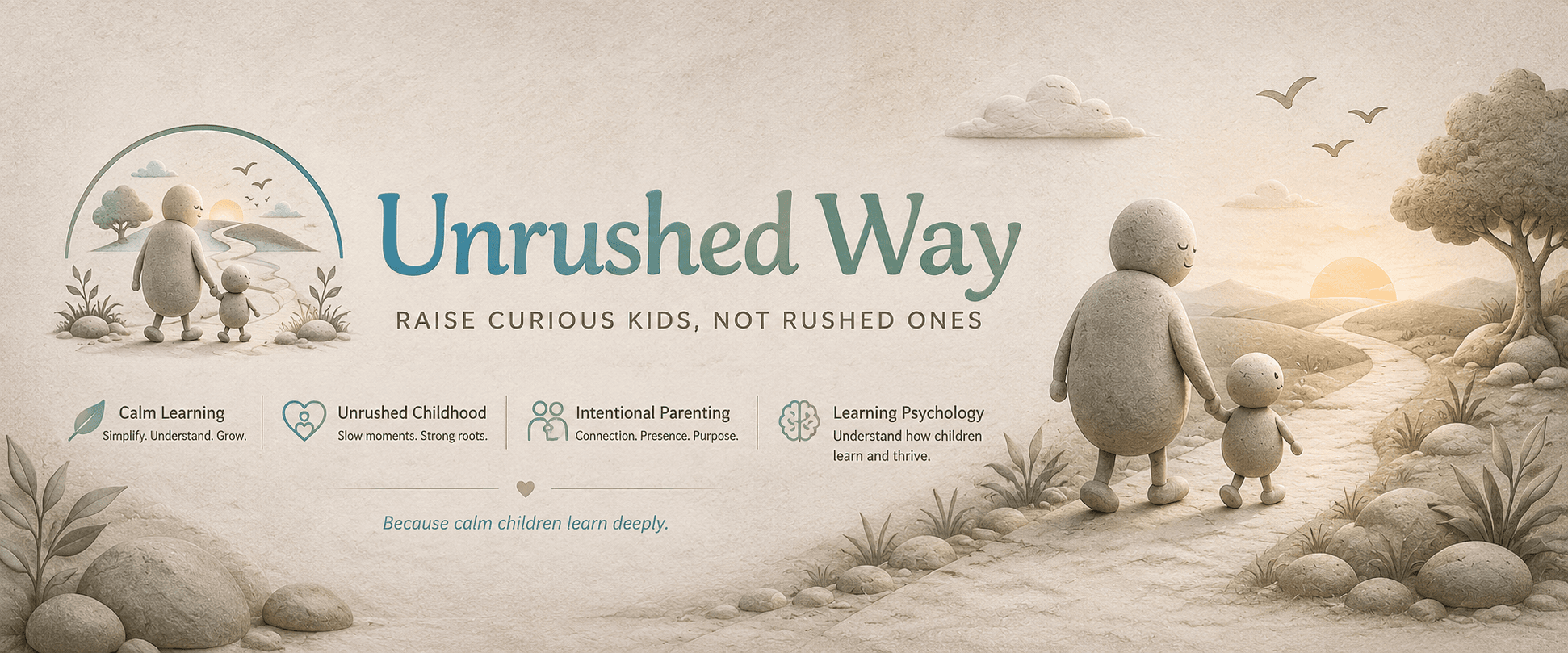 An illustrated parent and child walking toward the sunset